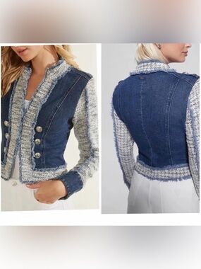 GUESS Blue Denim and Heather Gray Tweed Mixed-Media Blazer. Large